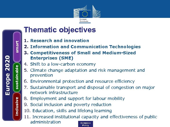 sustainable inclusive Europe 2020 smart Thematic objectives 1. Research and innovation 2. Information and