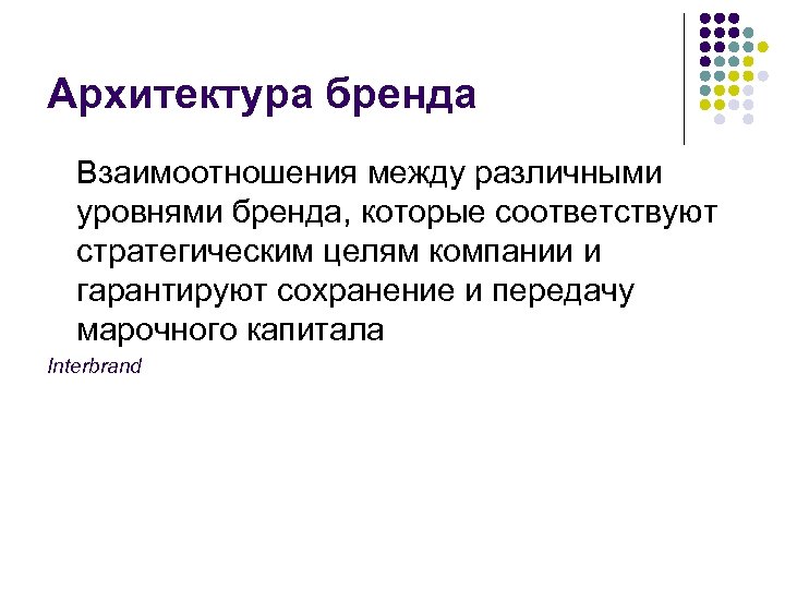 Архитектура бренда Взаимоотношения между различными уровнями бренда, которые соответствуют стратегическим целям компании и гарантируют