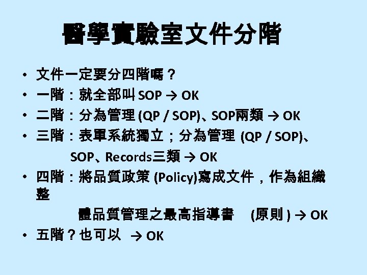 醫學實驗室文件分階 文件一定要分四階嗎？ 一階：就全部叫 SOP → OK 二階：分為管理 (QP / SOP)、 SOP兩類 → OK 三階：表單系統獨立；分為管理