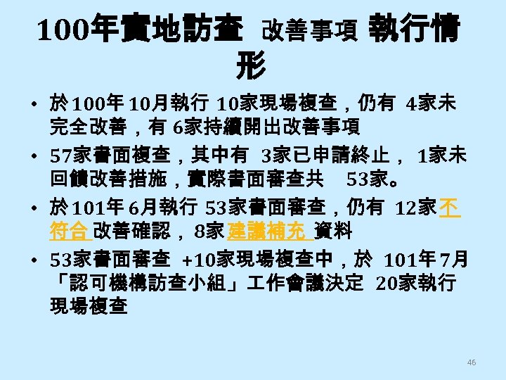 100年實地訪查 改善事項 執行情 形 • 於 100年 10月執行 10家現場複查，仍有 4家未 完全改善，有 6家持續開出改善事項 • 57家書面複查，其中有