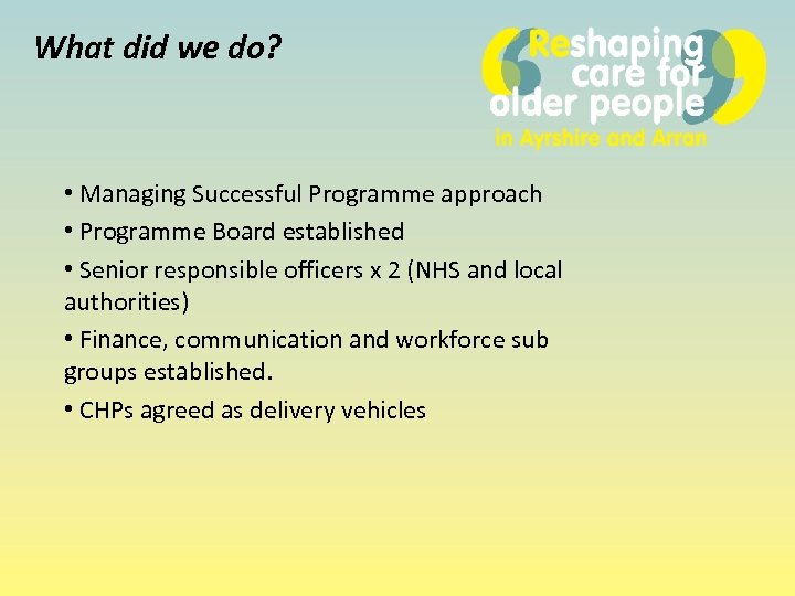 What did we do? • Managing Successful Programme approach • Programme Board established •