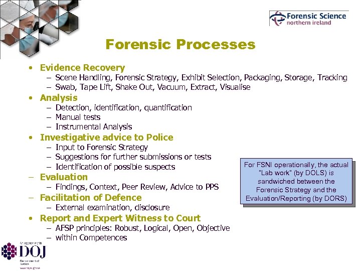 Forensic Processes • Evidence Recovery – Scene Handling, Forensic Strategy, Exhibit Selection, Packaging, Storage,