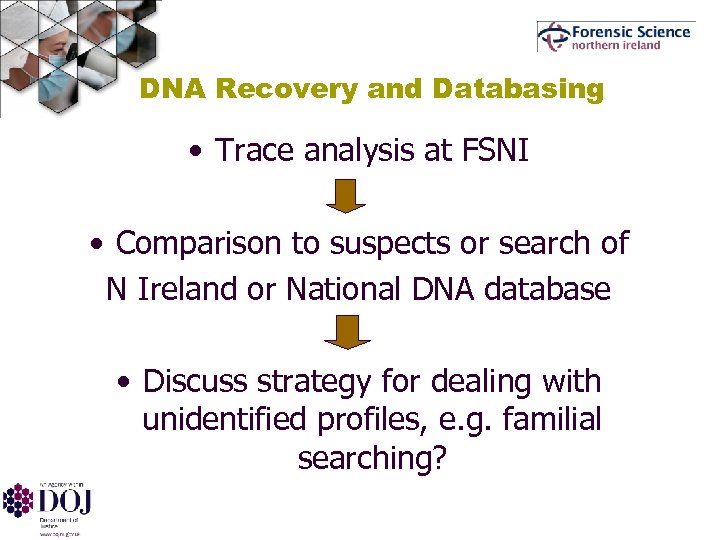 DNA Recovery and Databasing • Trace analysis at FSNI • Comparison to suspects or