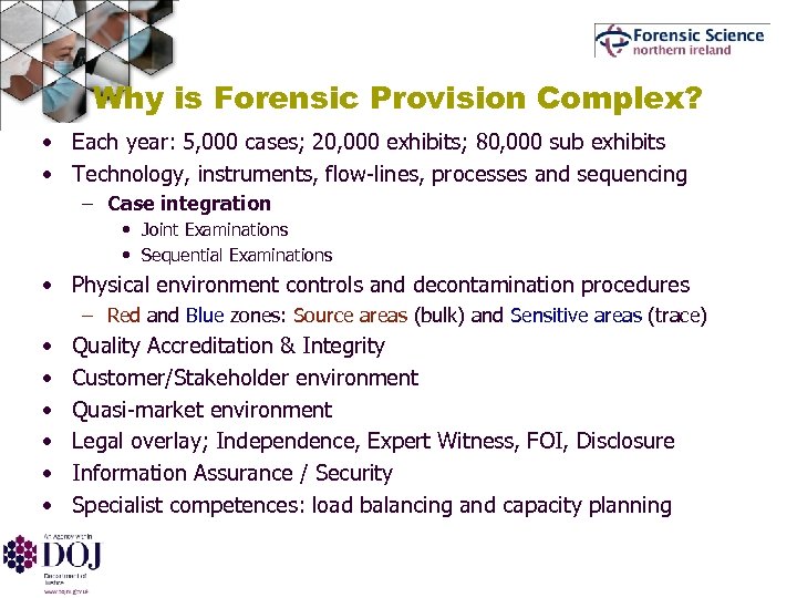 Why is Forensic Provision Complex? • Each year: 5, 000 cases; 20, 000 exhibits;