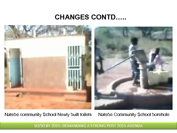 CHANGES CONTD…. . Natebe community School Newly built toilets Natebe Community School borehole 50/50