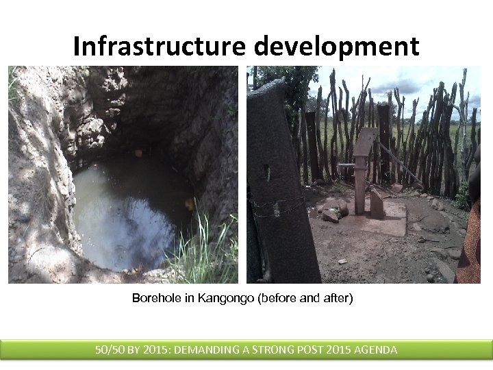Infrastructure development Borehole in Kangongo (before and after) 50/50 BY 2015: DEMANDING A STRONG