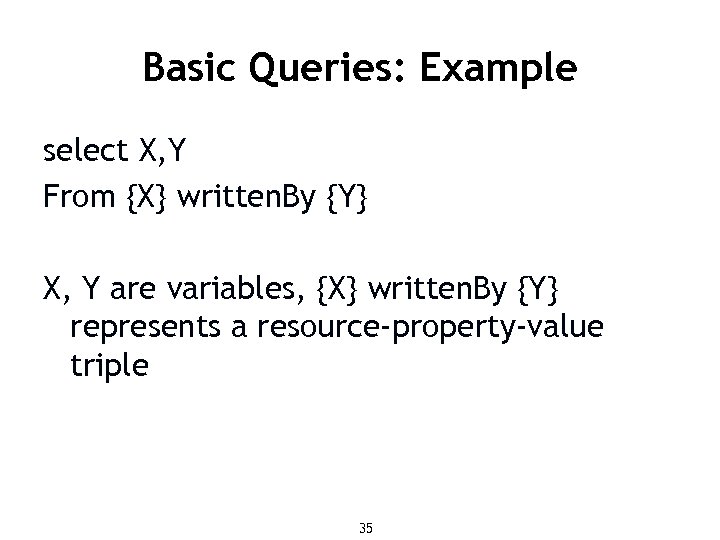 Basic Queries: Example select X, Y From {X} written. By {Y} X, Y are