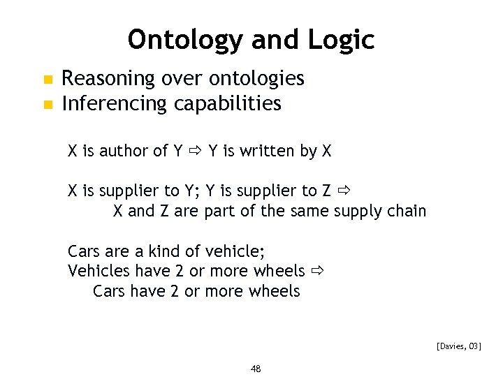 Ontology and Logic n n Reasoning over ontologies Inferencing capabilities X is author of