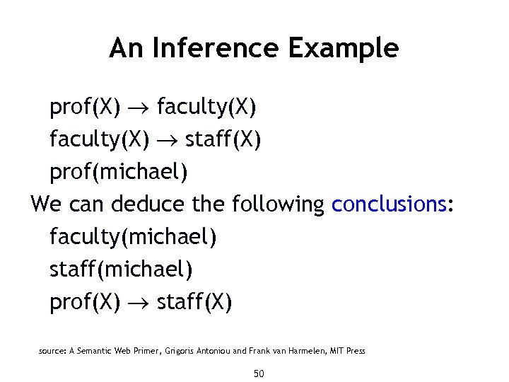 An Inference Example prof(X) faculty(X) staff(X) prof(michael) We can deduce the following conclusions: faculty(michael)