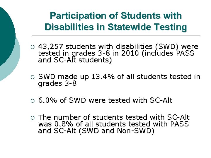 Participation of Students with Disabilities in Statewide Testing ¡ 43, 257 students with disabilities