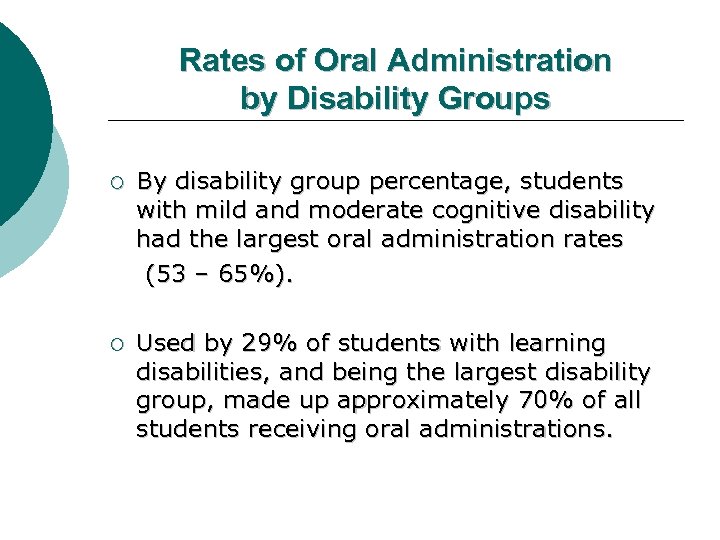 Rates of Oral Administration by Disability Groups ¡ By disability group percentage, students with