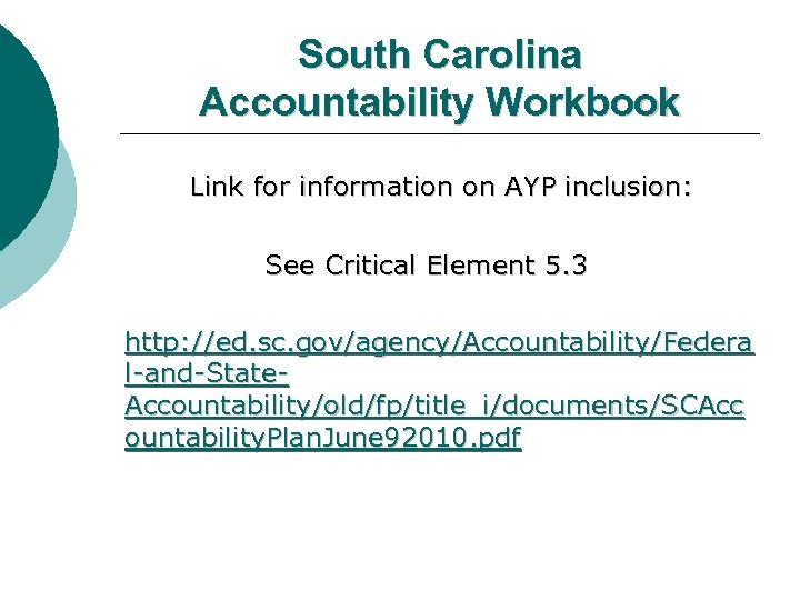 South Carolina Accountability Workbook Link for information on AYP inclusion: See Critical Element 5.