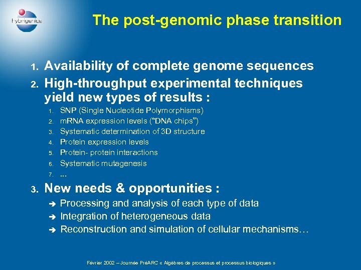 The post-genomic phase transition 1. 2. Availability of complete genome sequences High-throughput experimental techniques