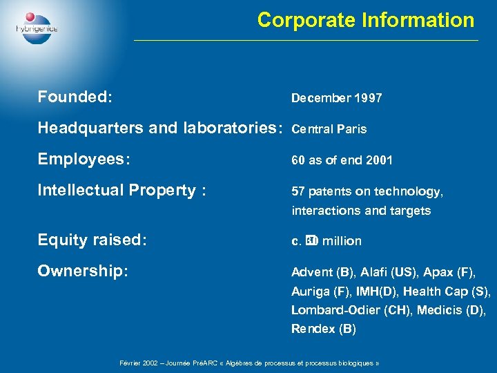 Corporate Information Founded: December 1997 Headquarters and laboratories: Central Paris Employees: 60 as of