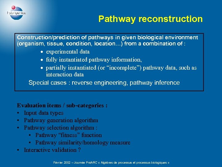 Pathway reconstruction Construction/prediction of pathways in given biological environment (organism, tissue, condition, location…) from