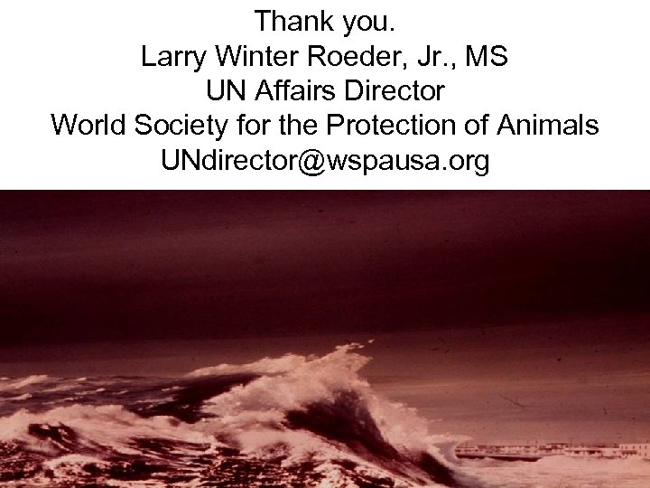 Thank you. Larry Winter Roeder, Jr. , MS UN Affairs Director World Society for