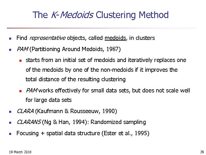 The K-Medoids Clustering Method n Find representative objects, called medoids, in clusters n PAM
