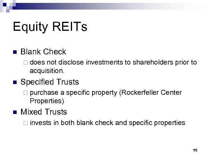 Equity REITs n Blank Check ¨ does not disclose investments to shareholders prior to