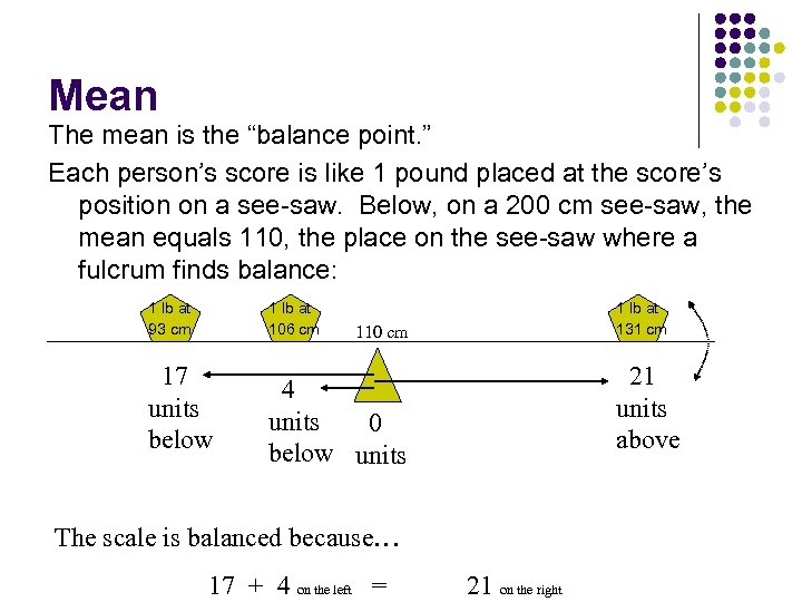 Mean The mean is the “balance point. ” Each person’s score is like 1