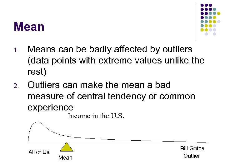 Mean 1. 2. Means can be badly affected by outliers (data points with extreme