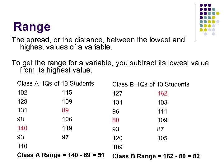 Range The spread, or the distance, between the lowest and highest values of a