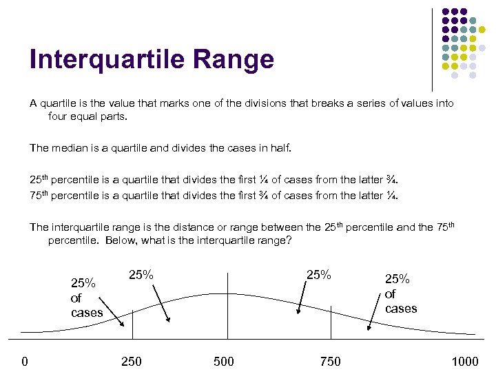 Interquartile Range A quartile is the value that marks one of the divisions that