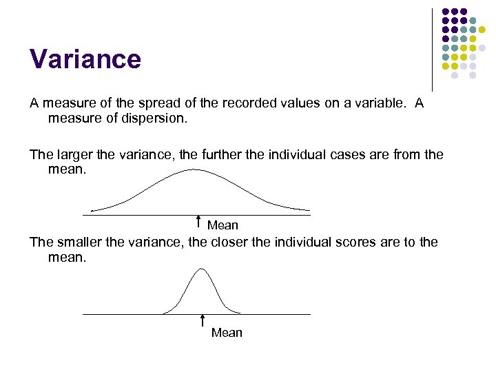 Variance A measure of the spread of the recorded values on a variable. A