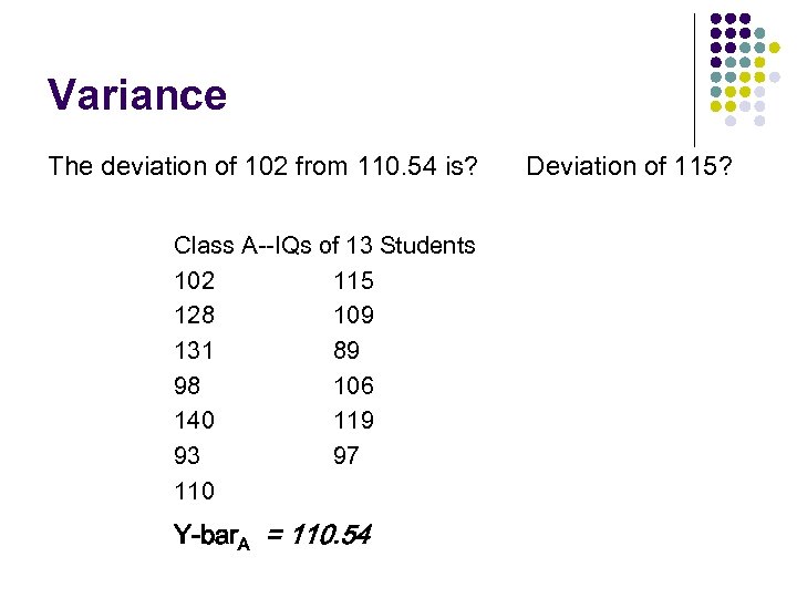 Variance The deviation of 102 from 110. 54 is? Class A--IQs of 13 Students