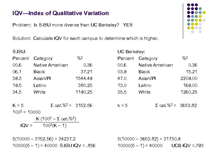 IQV—Index of Qualitative Variation Problem: Is SJSU more diverse than UC Berkeley? YES Solution: