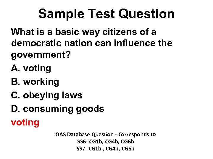 Sample Test Question What is a basic way citizens of a democratic nation can