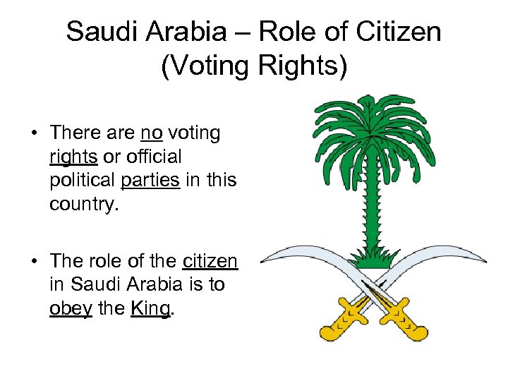 Saudi Arabia – Role of Citizen (Voting Rights) • There are no voting rights