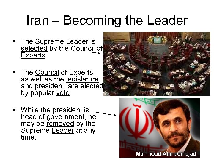 Iran – Becoming the Leader • The Supreme Leader is selected by the Council