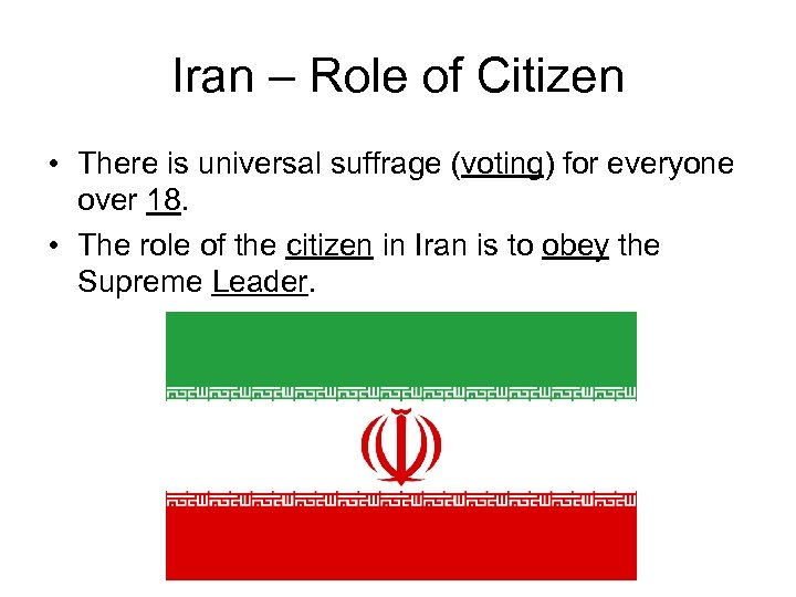 Iran – Role of Citizen • There is universal suffrage (voting) for everyone over