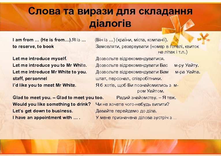 Слова та вирази для складання діалогів I am from … (He is from…). Я