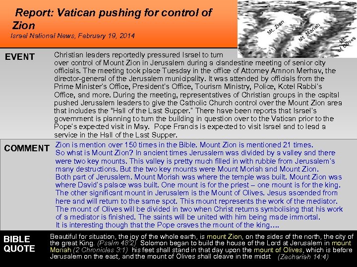 Report: Vatican pushing for control of Zion Mount Israel National News, February 19, 2014