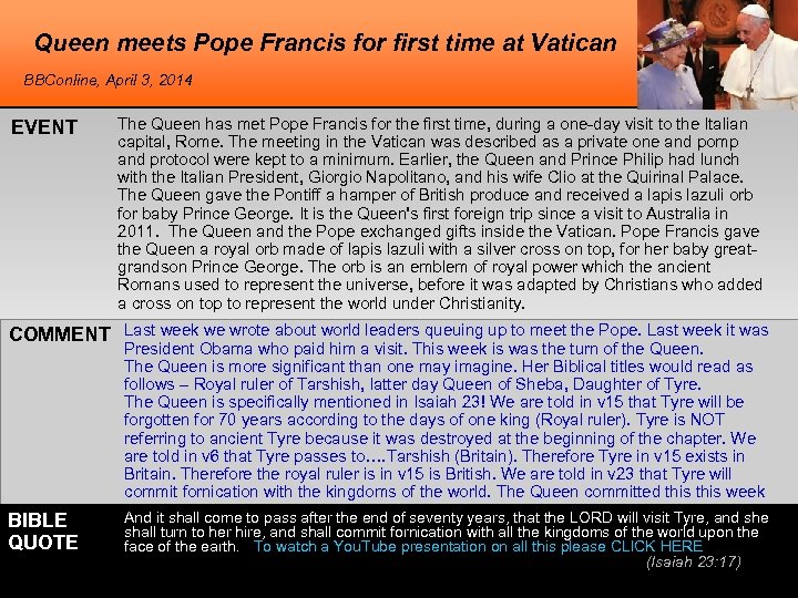 Queen meets Pope Francis for first time at Vatican BBConline, April 3, 2014 EVENT