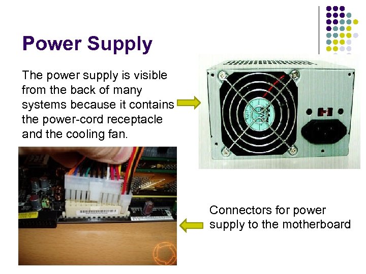 Power Supply The power supply is visible from the back of many systems because