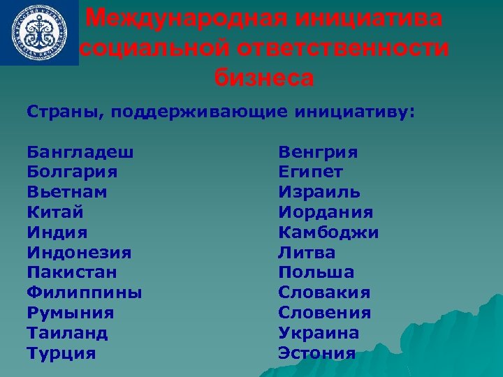 Международная инициатива социальной ответственности бизнеса Страны, поддерживающие инициативу: Бангладеш Болгария Вьетнам Китай Индия Индонезия