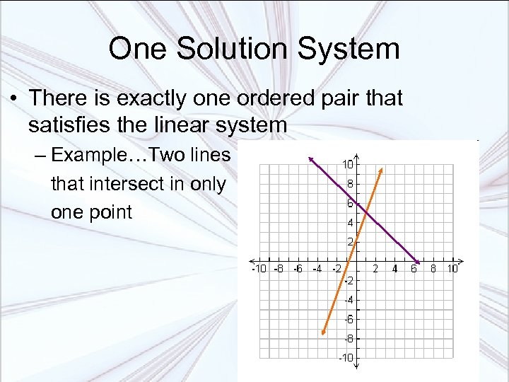 One Solution System • There is exactly one ordered pair that satisfies the linear