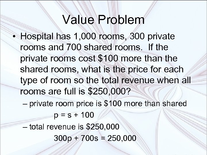 Value Problem • Hospital has 1, 000 rooms, 300 private rooms and 700 shared