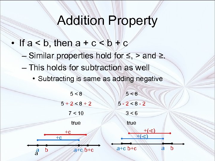 Addition Property • If a < b, then a + c < b +