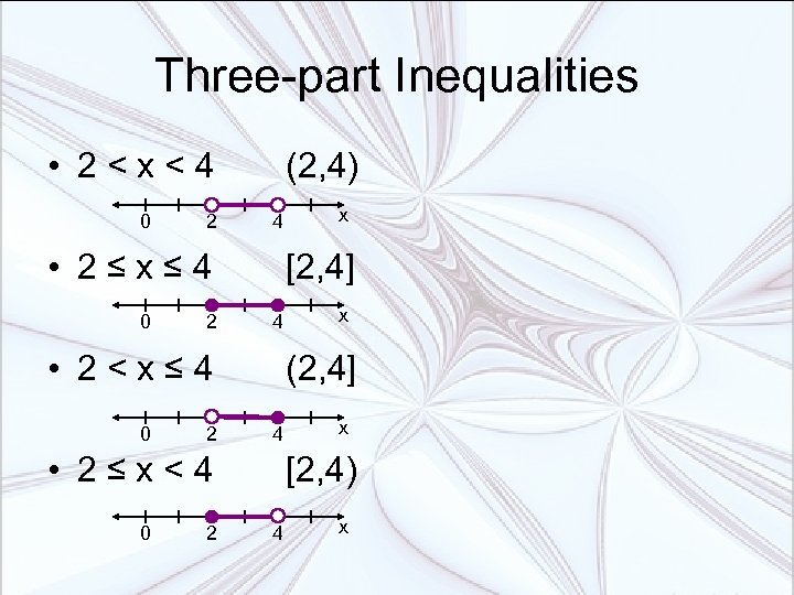 Three-part Inequalities • 2<x<4 0 2 (2, 4) 4 • 2≤x≤ 4 0 2