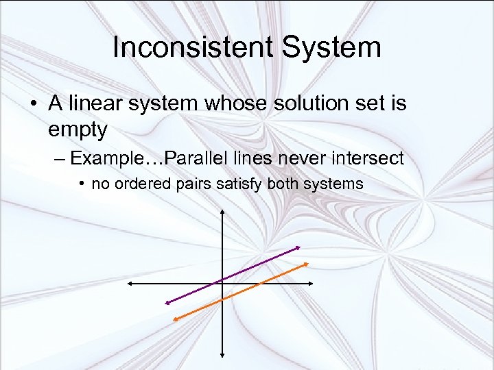 Inconsistent System • A linear system whose solution set is empty – Example…Parallel lines