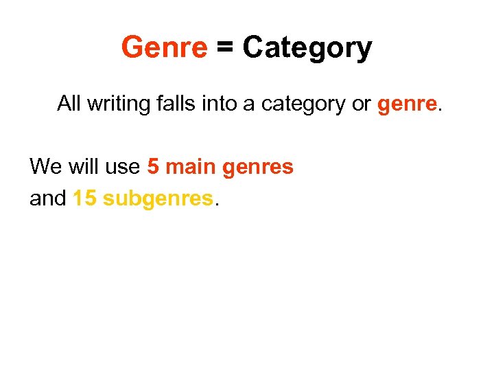 Genre = Category All writing falls into a category or genre. We will use