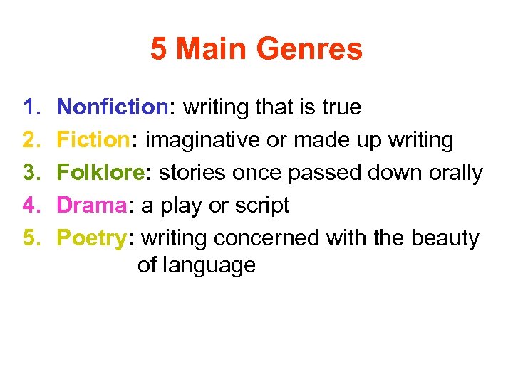 5 Main Genres 1. 2. 3. 4. 5. Nonfiction: writing that is true Fiction: