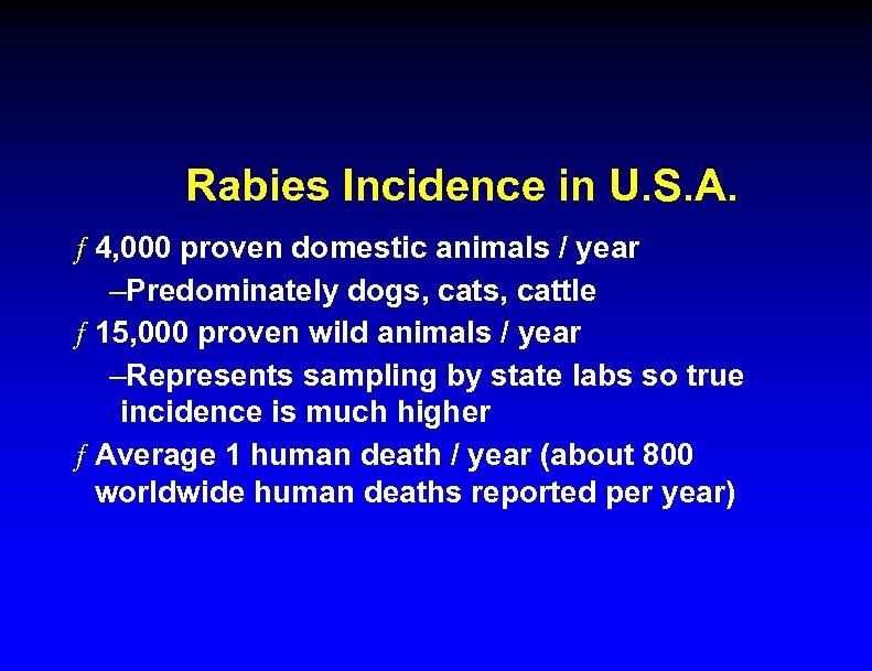 Rabies Incidence in U. S. A. ƒ 4, 000 proven domestic animals / year