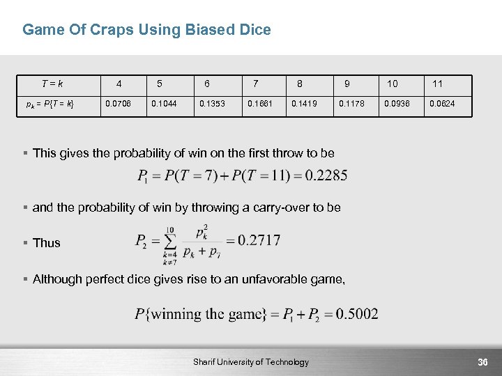 Game Of Craps Using Biased Dice T=k 4 pk = P{T = k} 0.