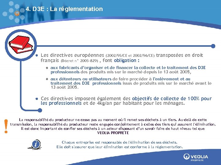 4. D 3 E : La réglementation Les directives européennes (2002/95/CE et 2002/96/CE) transposées