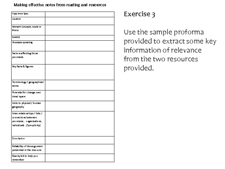 Making effective notes from reading and resources Topic from Spec Location Relevant Concepts. model