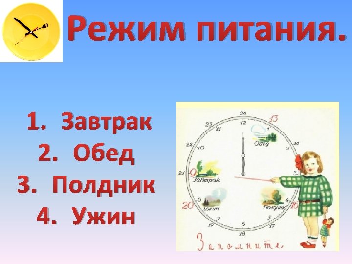 Режим питания. 1. Завтрак 2. Обед 3. Полдник 4. Ужин 